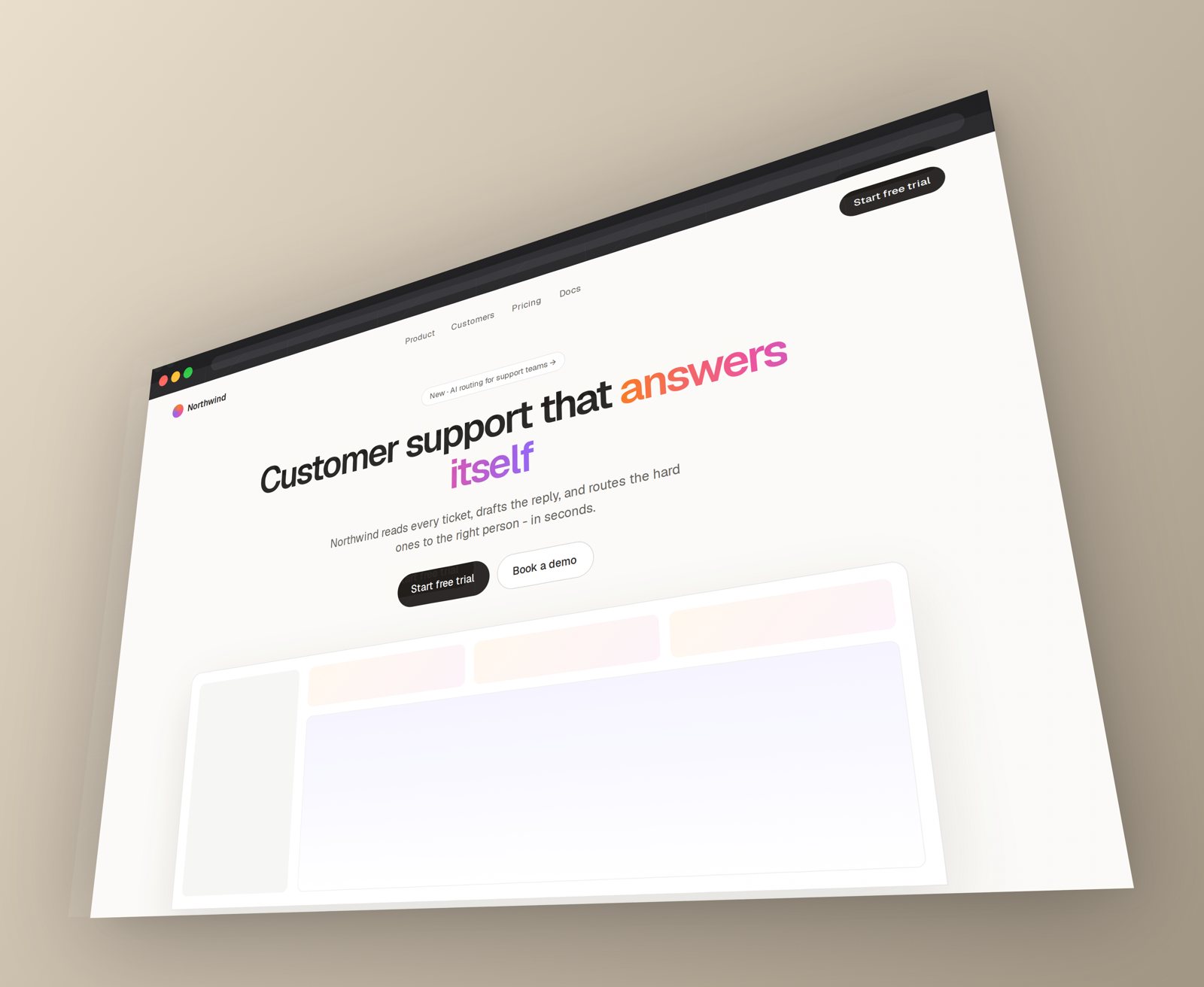 A landing page screenshot tilted into a 3D mockup in the browser