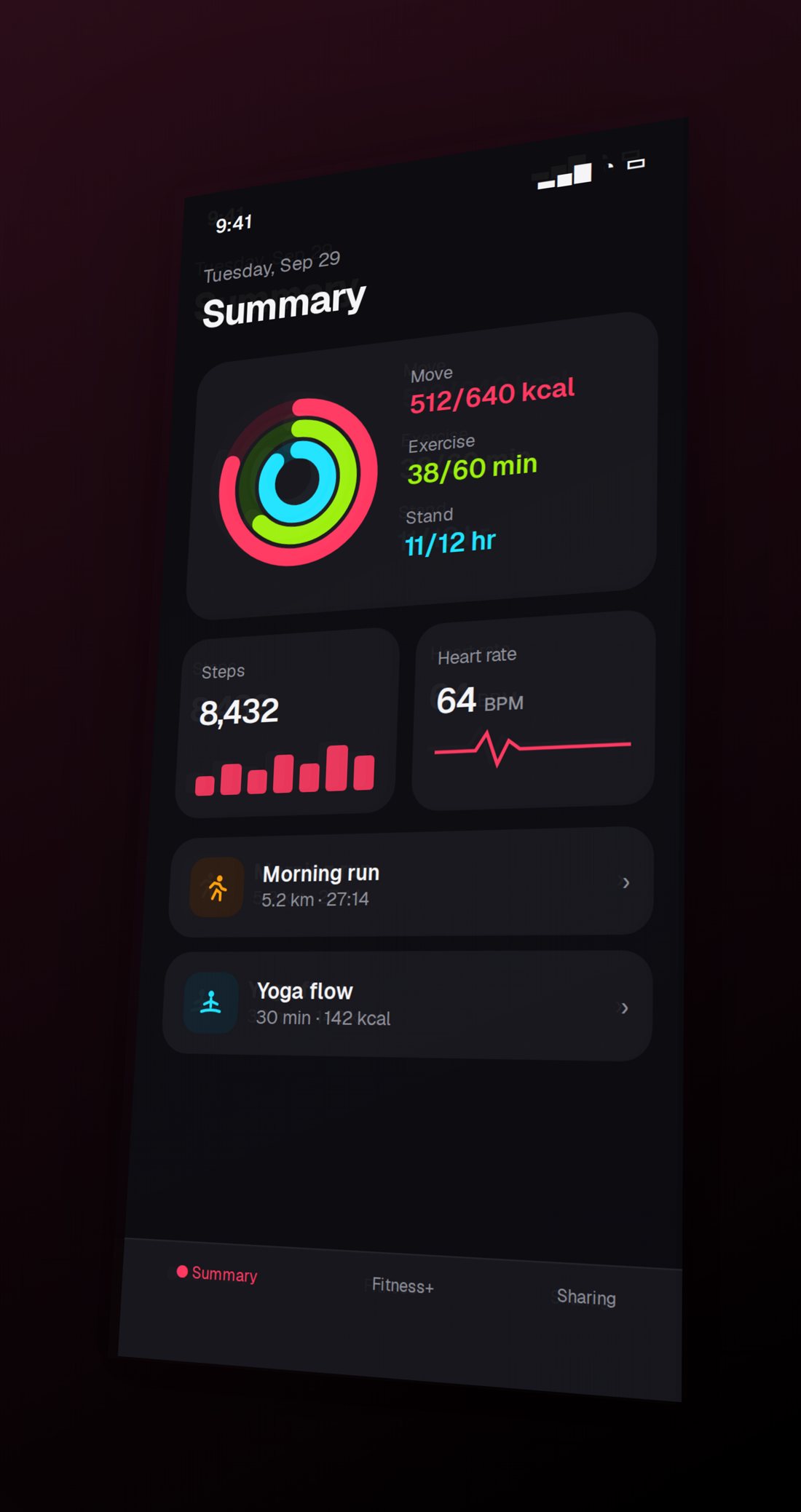 A mobile app screenshot tilted into a 3D mockup