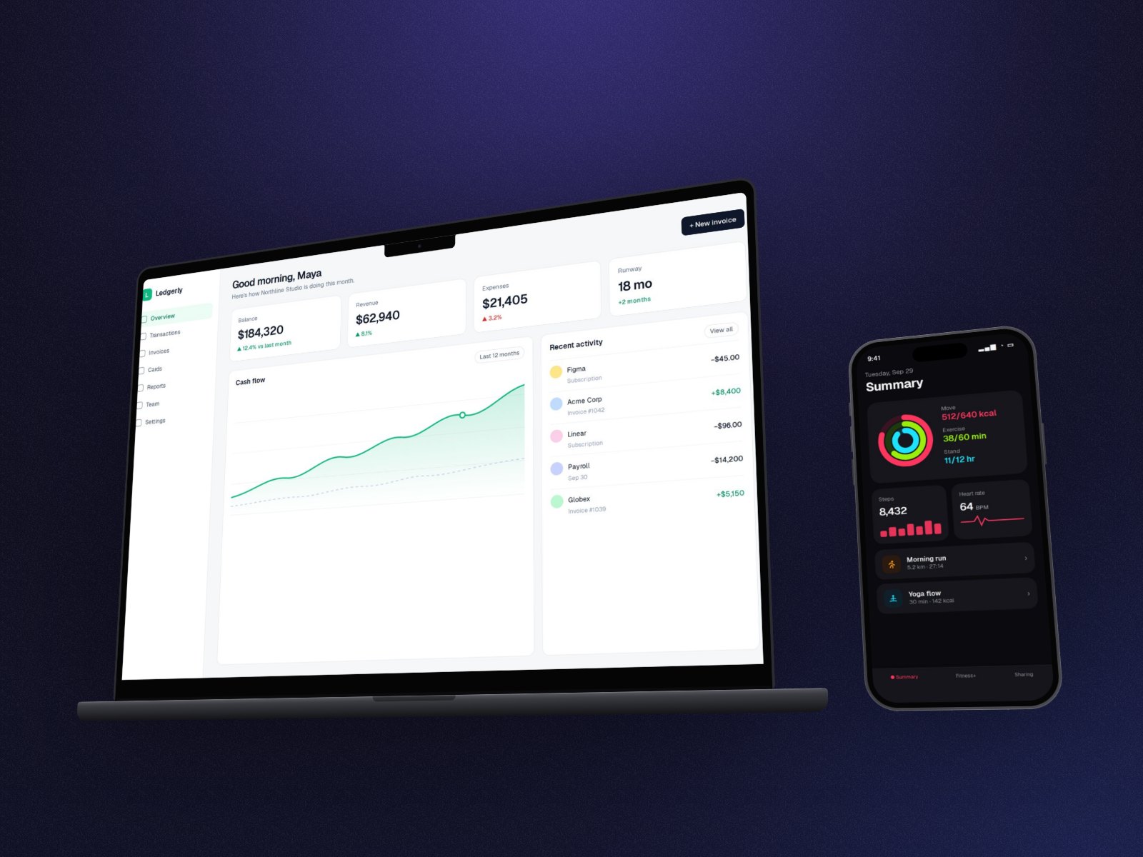 A dashboard in a flat MacBook frame next to a phone app in a flat iPhone frame