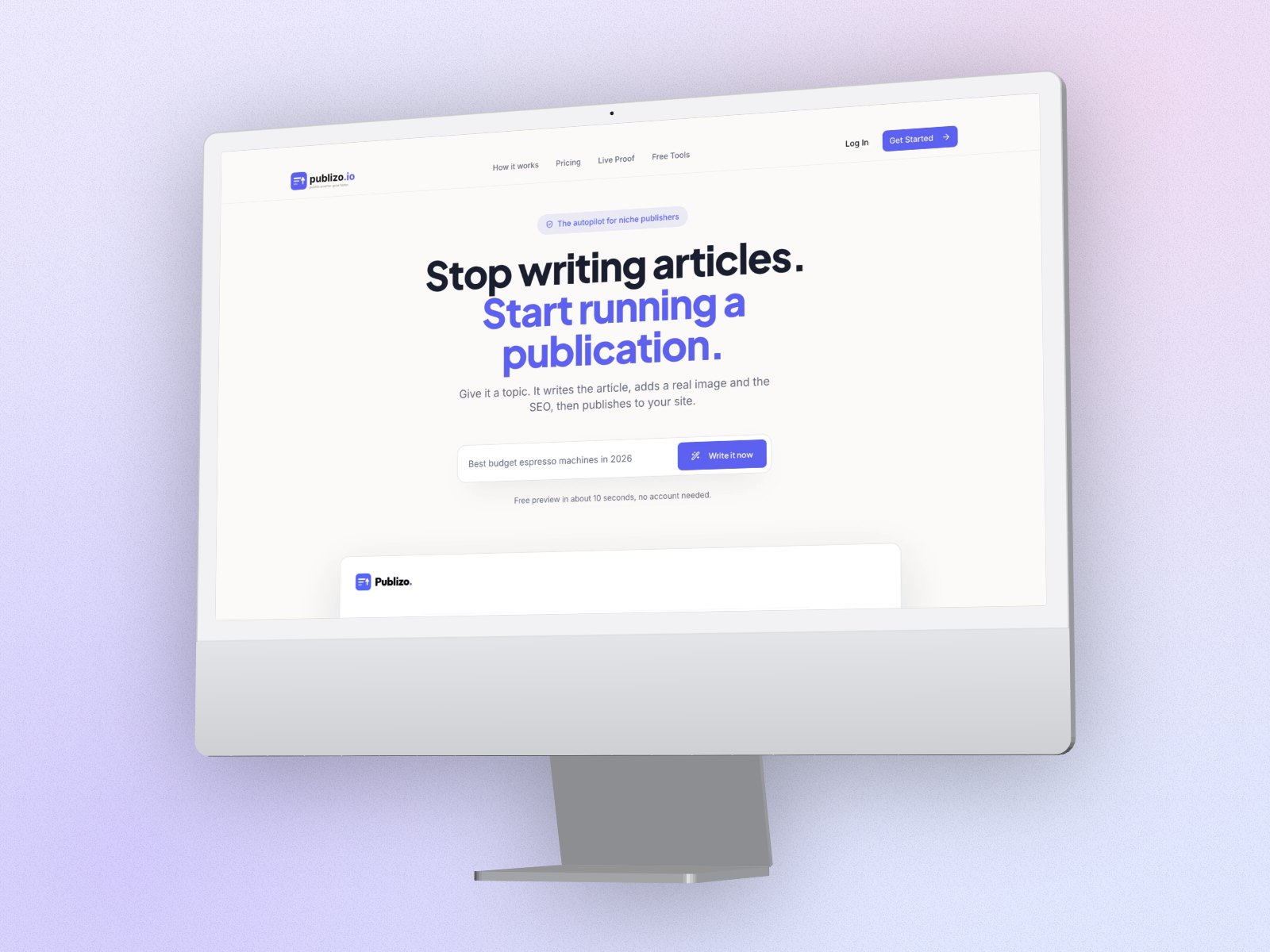 A landing page on a silver 3D iMac on its stand