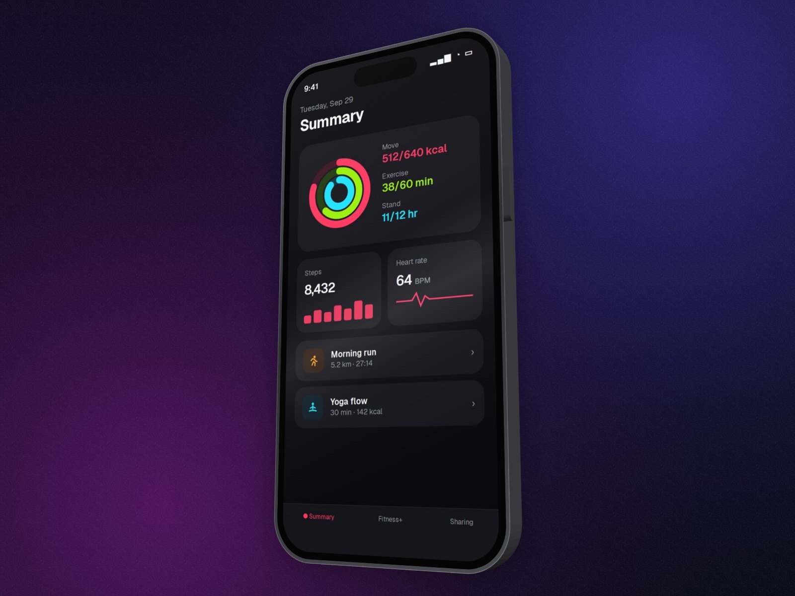 A fitness app screenshot in a 3D iPhone with real depth and side buttons