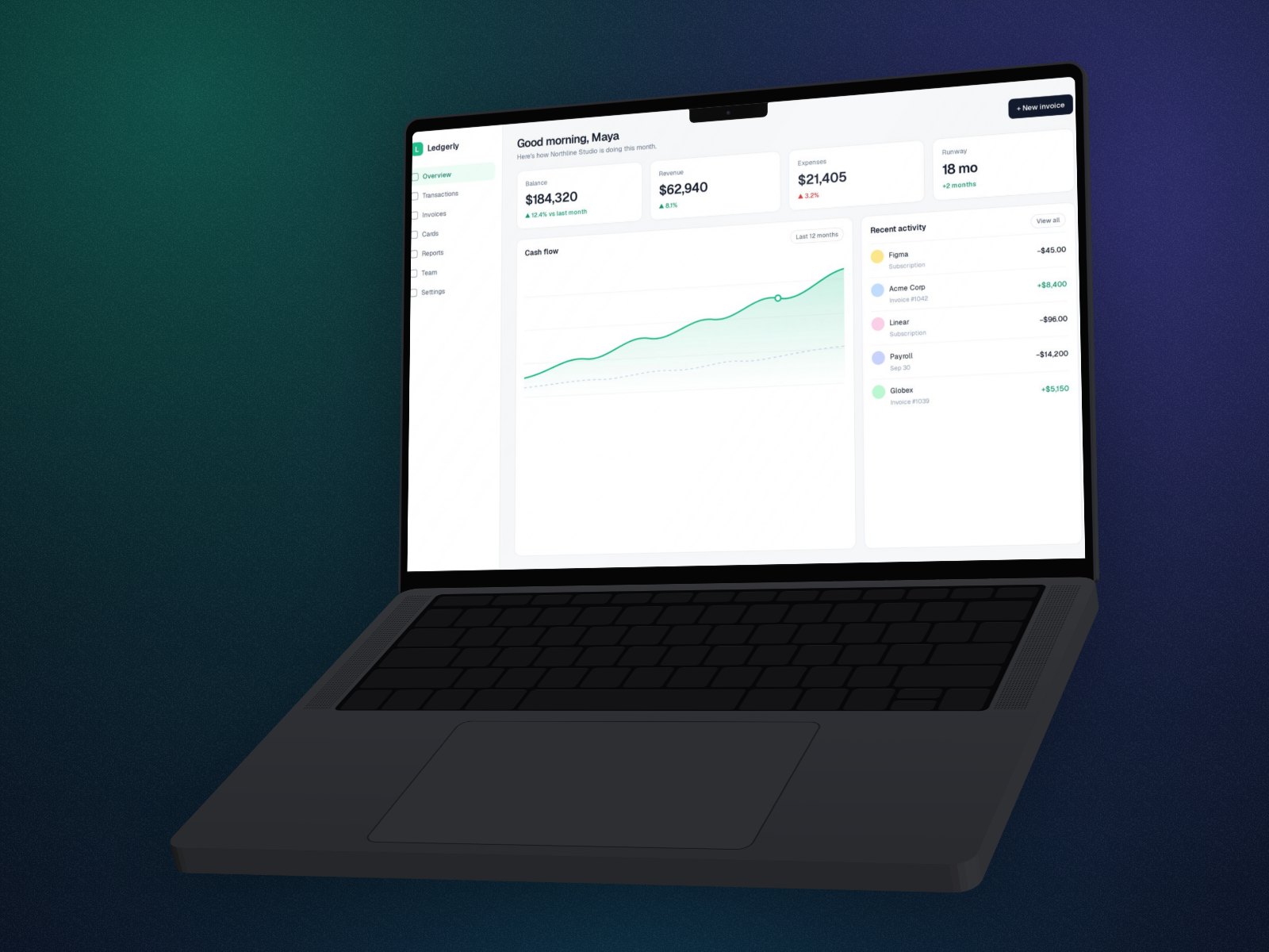 A finance dashboard in a 3D MacBook, space black, with screen glare