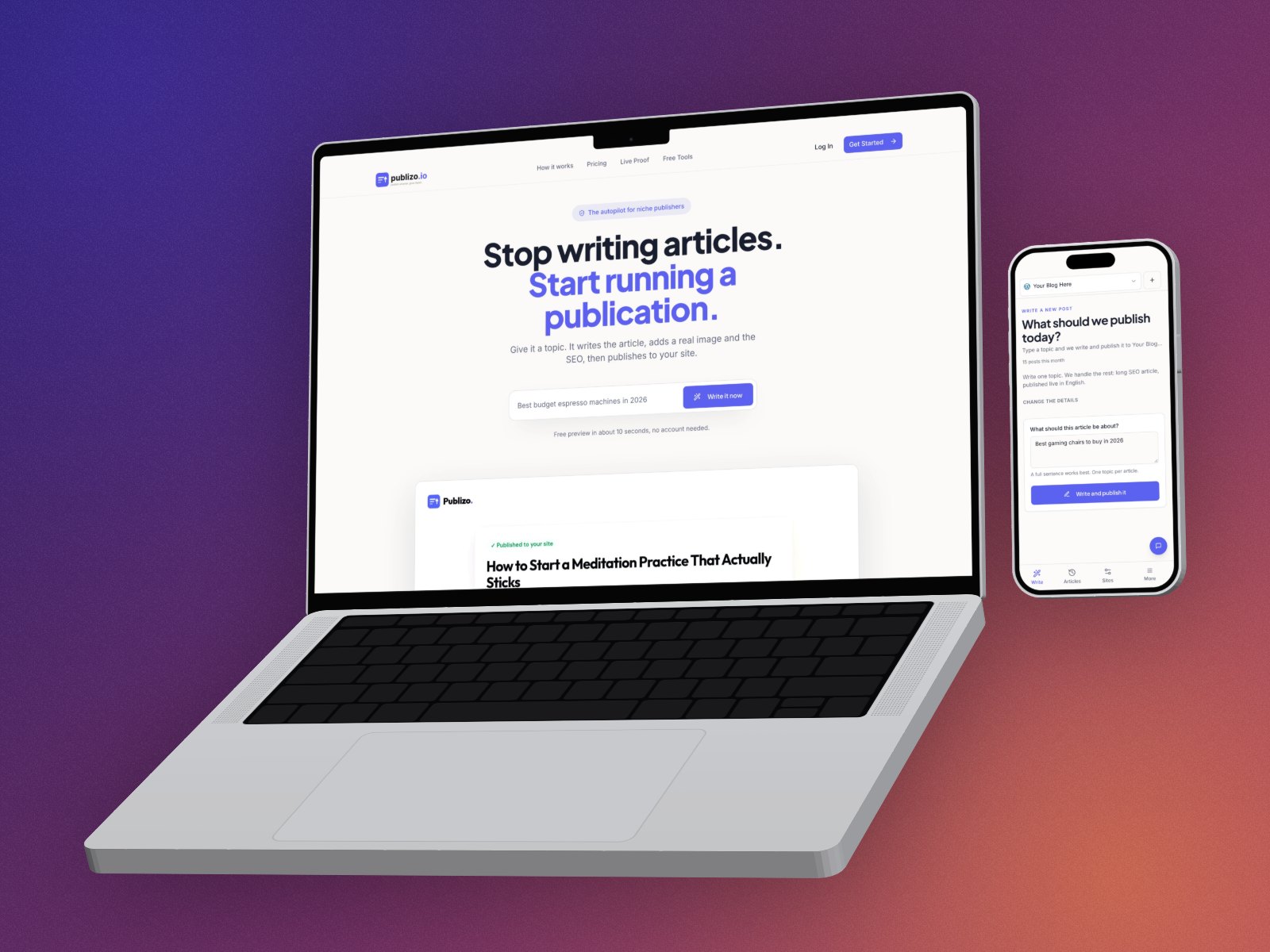 A website in a silver 3D MacBook next to its mobile app in an iPhone, at real size