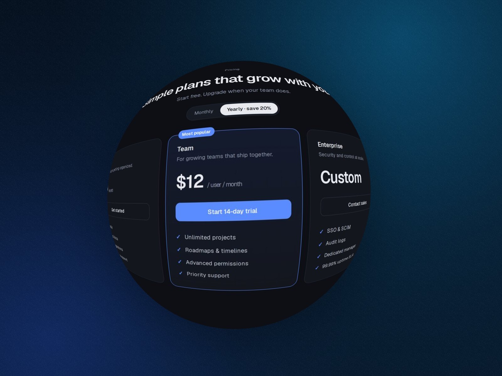 Pricing page wrapped onto a sphere: Perspecto export